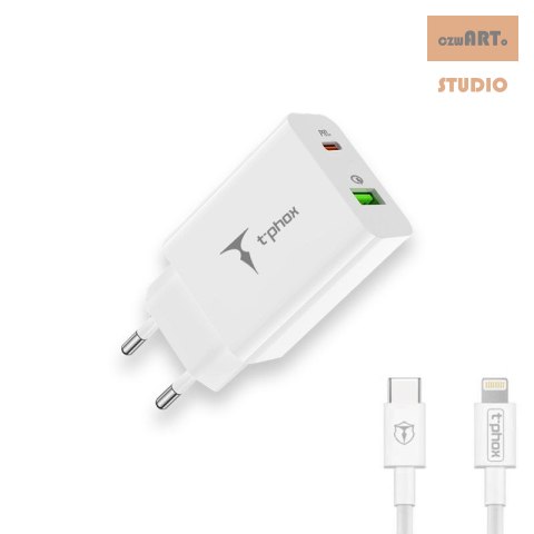 ŁAD SIEC T-PHOX SPEEDY USB-C 20W/USB 18W PD QC + KABEL LIGHTNING 1M BIAŁA/WHITE