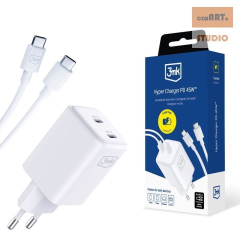 3MK ŁAD SIEC HYPER CHARGER 45W PD+USB Z KABLEM UBS-C/USB-C BIAŁA