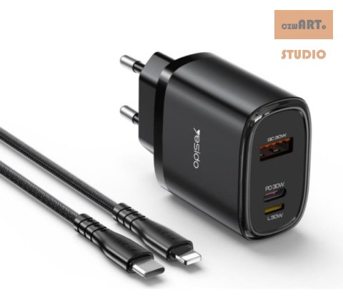 Yesido ładowarka sieciowa YC52 PD 30W QC USB-A+C +iP + Kabel 27W Type-C - Lightning 1m, BLACK / CZARNY