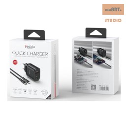 Yesido ładowarka sieciowa YC52 PD 30W QC USB-A+C +iP + Kabel 27W Type-C - Lightning 1m, BLACK / CZARNY