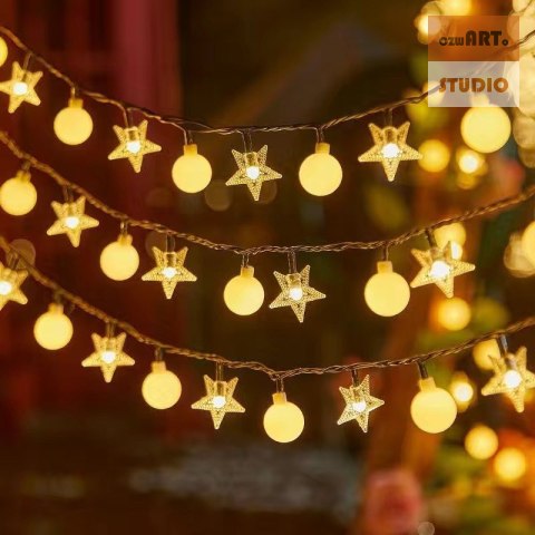 Girlanda 1.5m (10 lampek LED) USB Gwiazdki + Kulki, CIEPŁY BIAŁY Girlanda 1.5m (10 lampek LED) USB Gwiazdki + Kulki, CIEPŁY BIAŁY