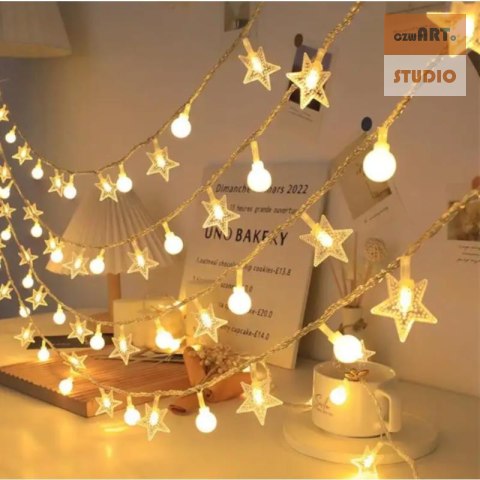 Girlanda 1.5m (10 lampek LED) USB Gwiazdki + Kulki, CIEPŁY BIAŁY Girlanda 1.5m (10 lampek LED) USB Gwiazdki + Kulki, CIEPŁY BIAŁY