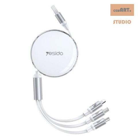 Yesido Kabel CA117 3w1 2.4A 1.2m (automatycznie zwijany), WHITE / BIAŁY